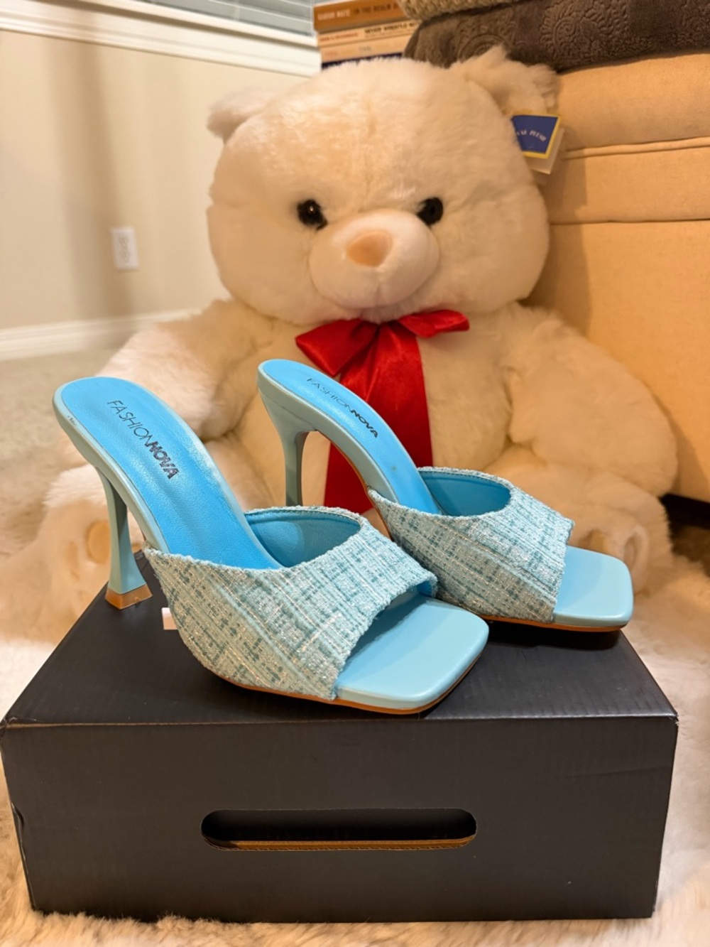 NEW! Fashion Nova Light Blue Tweed Square-Toe Mule Heels size 6